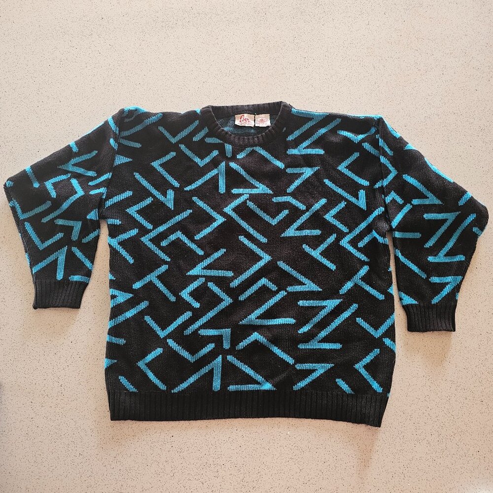 Vintage Eber Black and Blue Geometric 80s/90s Sweater Size Large